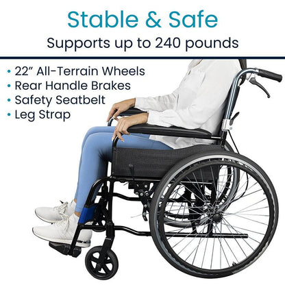 A side view of an Air Frame Wheelchair by Vive Health shows a person seated. It has a lightweight, durable aluminum frame with 22" all-terrain wheels, rear handle brakes, a safety seatbelt, and an adjustable footrest. Designed for stability and support up to 240 pounds.