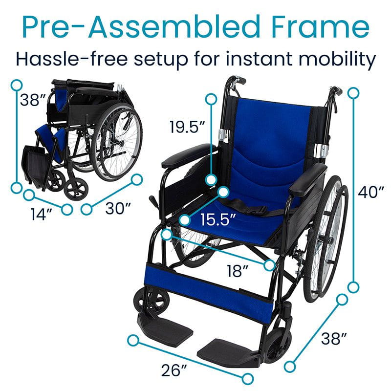 Image of the Air Frame Wheelchair by Vive Health, pre-assembled with labeled dimensions: 40"H x 26"W x 38"D. It features a durable aluminum frame and folds to 38"H x 30"W x14"D. Text reads "Hassle-free setup for instant mobility.