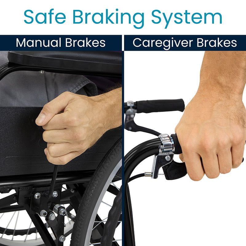 Close-up of two braking systems on the Air Frame Wheelchair by Vive Health. The left shows manual brakes in use, and the right highlights caregiver brakes. Both systems, mounted on its durable aluminum frame, emphasize safety features.