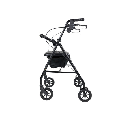 The Vive Health Aluminum Lightweight Rollator in purple features four wheels, ergonomic dual-braking system, handlebars, padded seat with backrest for comfort, and a storage pouch. Its lightweight aluminum frame aids in walking and balance for safety and ease.