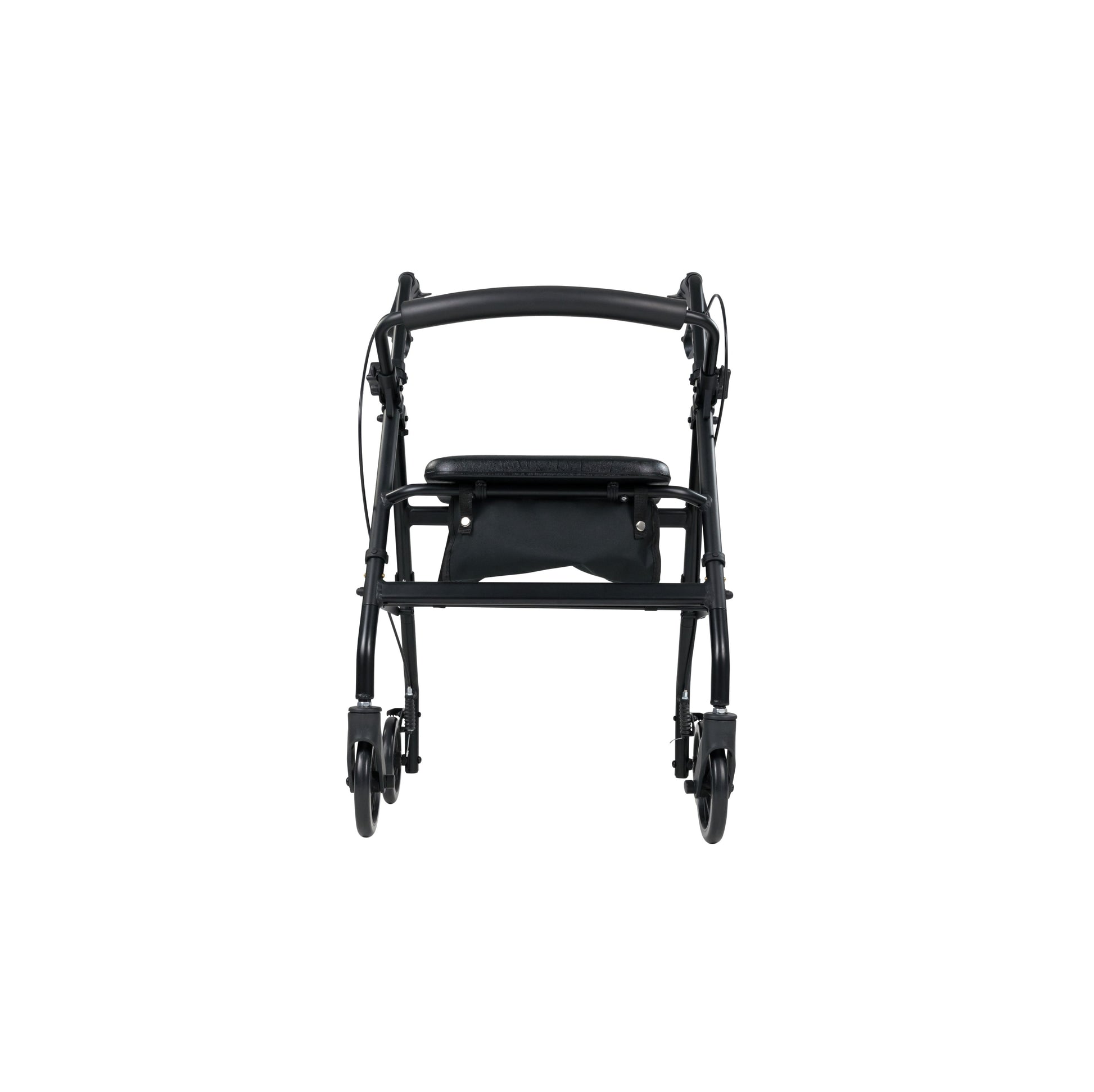 The Vive Health Aluminum Lightweight Rollator is a black walker designed for mobility assistance, featuring an ergonomic dual-braking system, padded seat, four wheels, durable frame, and supportive handlebars. The image displays the rollator's front view against a plain white background.