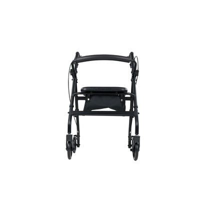 The Vive Health Aluminum Lightweight Rollator is a black walker designed for mobility assistance, featuring an ergonomic dual-braking system, padded seat, four wheels, durable frame, and supportive handlebars. The image displays the rollator's front view against a plain white background.