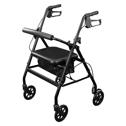 The Vive Health Aluminum Lightweight Rollator in black features an ergonomic dual-braking system for safety and a lightweight aluminum frame. Its four wheels, padded seat, and backrest enhance mobility and comfort.