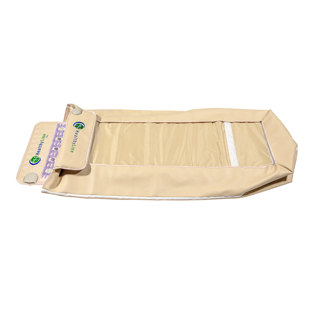 The 360 Wrap Set™ TAJ & SOFT Full 7224 - Photon PEMF InfraMat Pro® by HealthyLine is a beige, rectangular full-body infrared sauna blanket that includes a control panel and logo on one end. It features an inner metallic lining enhanced with gemstone technology, ensuring a superior thermal therapy experience.