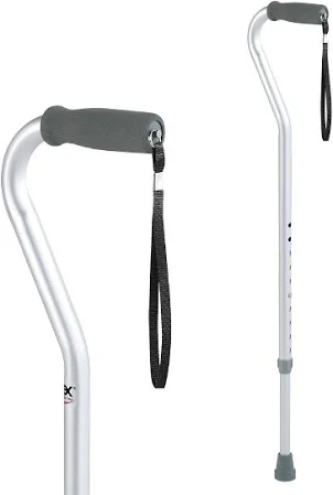 Two views of the Medline Cane Alum Offset Ergo Handle CH 1EA, a lightweight chrome walking cane with adjustable height, an offset ergo handle, black wrist strap, and rubber tip for stability.