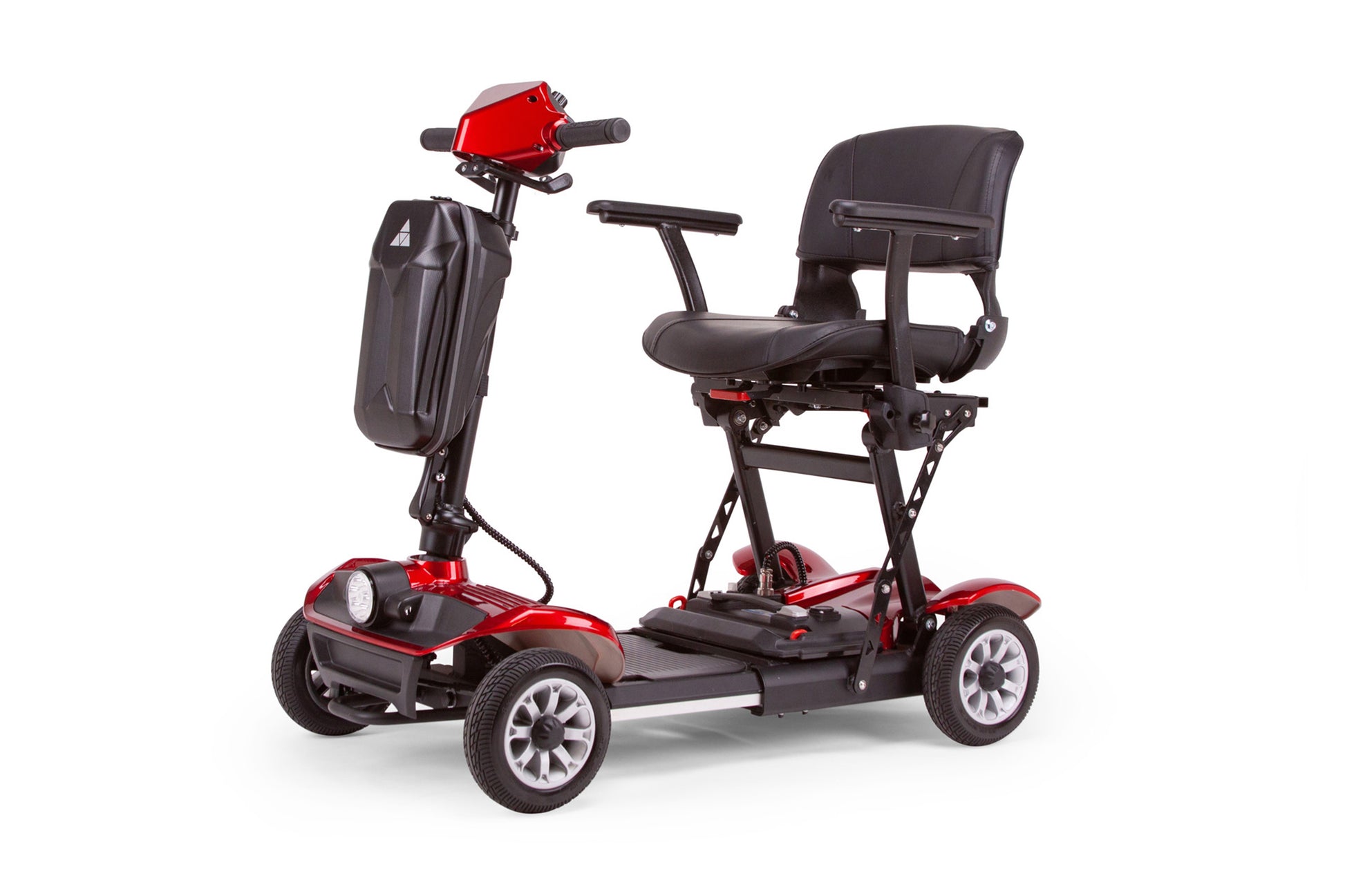 The EW-26 Folding Scooter by E-Wheels is a lightweight red and black mobility scooter with four wheels. It features a padded seat with armrests, tall backrest, handlebars, and a front headlight. Powered by a lithium-ion battery, it's shown in an open position for easy transport.