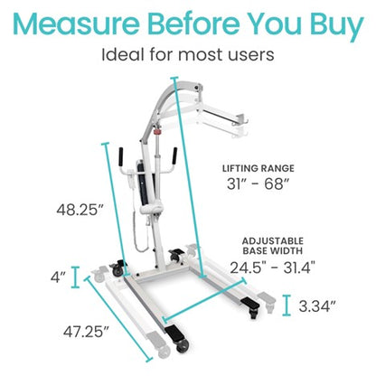 Diagram of the Vive Health Electric Patient Lift with Sling in white, featuring labeled measurements and an electric actuator. Lifting range: 31"-68", base width: 24.5"-31.4". Other dimensions include 48.25"H, 4" base height, 47.25"L, and a front wheel width of 3.34". Text reads "Measure Before You Buy.