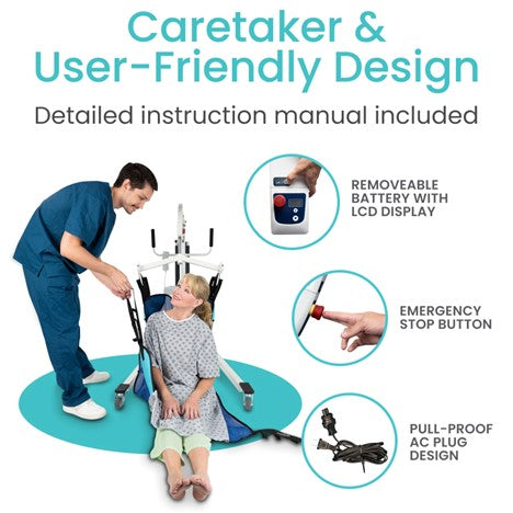 A Vive Health caregiver aids a seated person with the Electric Patient Lift with Sling. The lift boasts a removable battery with LCD display, an emergency stop button, and pull-proof AC plug. Features include "Caretaker & User-Friendly Design" and "Safe Transfers & Detailed Instruction Manual Included.