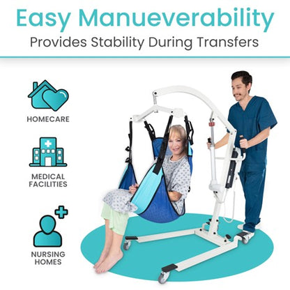 A nurse assists a patient in the Vive Health Electric Patient Lift with Sling, demonstrating "Easy Maneuverability" and safe transfers. Perfect for homecare, medical facilities, and nursing homes, its electric actuator ensures smooth operation, with icons highlighting versatile settings.