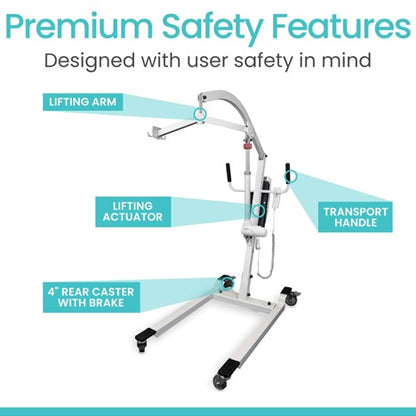 The Electric Patient Lift with Sling by Vive Health offers premium safety features like an electric actuator for smooth transfers, a lifting arm, a transport handle, and 4-inch rear casters with brakes to ensure user safety.