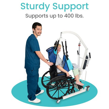 A healthcare worker uses the Vive Health Electric Patient Lift with Sling to assist a patient in a wheelchair. The text reads: "Sturdy Support: Safe transfers supporting up to 400 lbs.