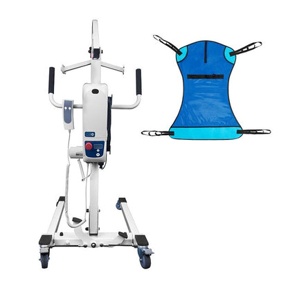 The Vive Health Electric Patient Lift with Sling is shown in white and black next to a blue and black sling. Featuring an electric actuator, digital control panel, wheels for mobility, and several straps on the sling for secure attachment, it is designed for safe patient transfers.