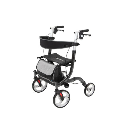 The Vive Health Everglide Rollator (Model S) boasts a sleek black design with flat-free wheels, a seat, handlebars with brakes, and a storage bag under the adjustable backrest.