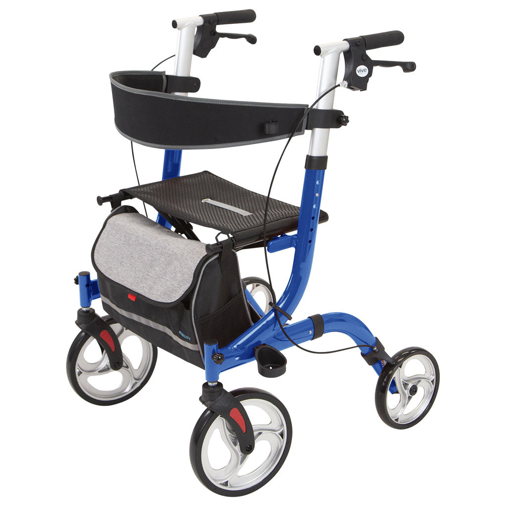 The Vive Health Everglide Rollator (Model S) features a blue aluminum frame, four flat-free wheels, ergonomic handles, brakes, a height-adjustable backrest, a comfortable seat, and a storage bag for mobility assistance.