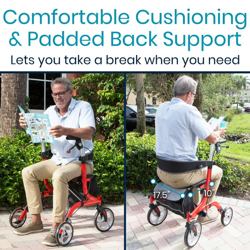 A man sits on a red Vive Health Everglide Rollator (Model S) with cushioned seating and a height-adjustable backrest, reading a brochure outdoors. The rollator features flat-free wheels, with seat height and shoulder width measurements displayed to showcase its features.