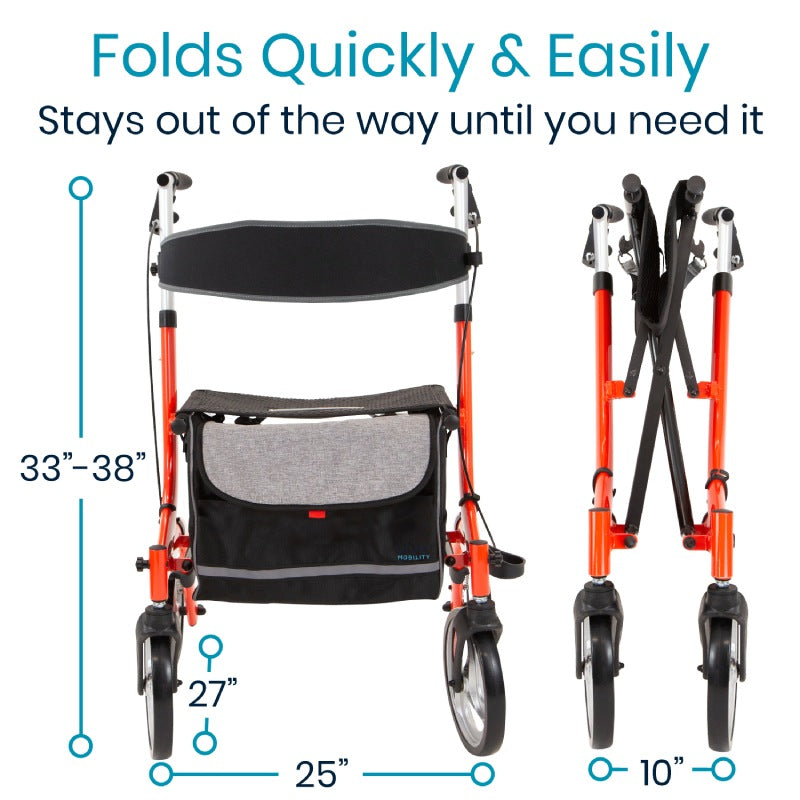 The Vive Health Everglide Rollator (Model S) in vibrant red with a black seat features flat-free wheels. It is shown both open and folded, highlighting dimensions like height, width, and folded depth. The design includes an easy folding mechanism and a height-adjustable backrest for comfort.