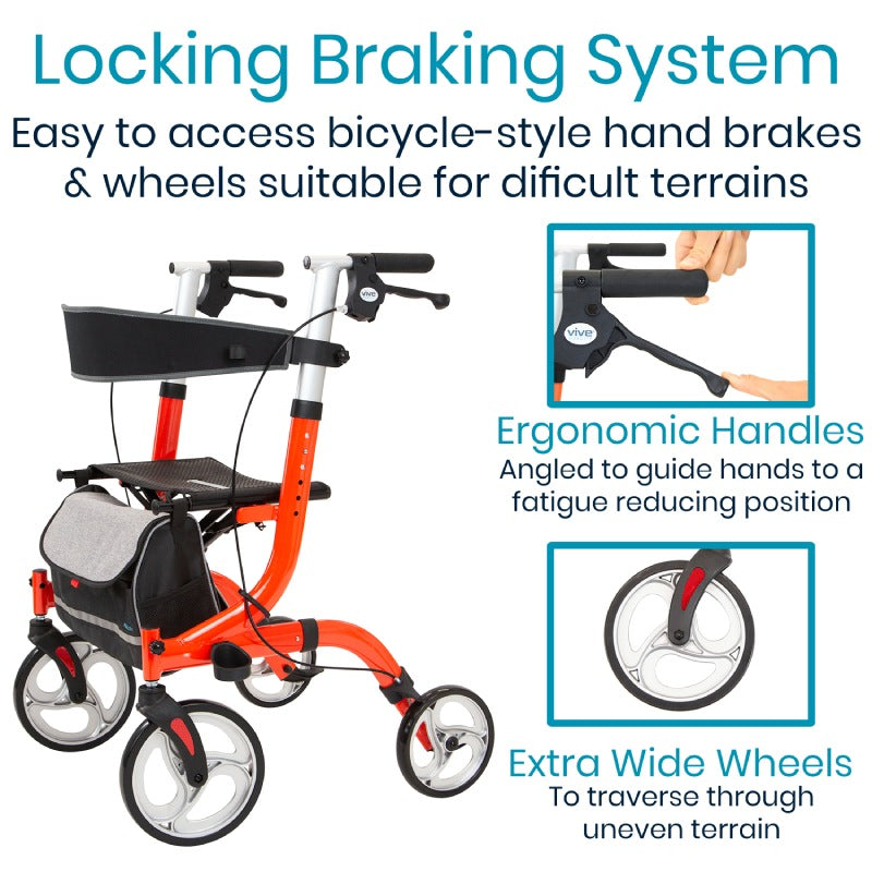 The Everglide Rollator (Model S) by Vive Health includes a locking brake system, ergonomic handles, and extra-wide flat-free wheels. It features bicycle-style brakes, a storage bag, and an adjustable backrest for comfort on challenging surfaces.