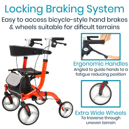 The Everglide Rollator (Model S) by Vive Health includes a locking brake system, ergonomic handles, and extra-wide flat-free wheels. It features bicycle-style brakes, a storage bag, and an adjustable backrest for comfort on challenging surfaces.