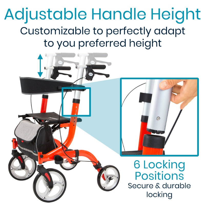 Image of a red Vive Health Everglide Rollator (Model S) with adjustable handle height, six locking positions, and a close-up insert. Features include a storage compartment, flat-free wheels, and height-adjustable backrest for secure customization.