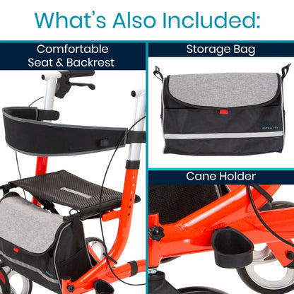 Collage featuring the Vive Health Everglide Rollator (Model S) with a comfy seat, height-adjustable backrest, storage bag, and gray/black design. Includes a cane holder and flat-free wheels. The mobility walker is orange.