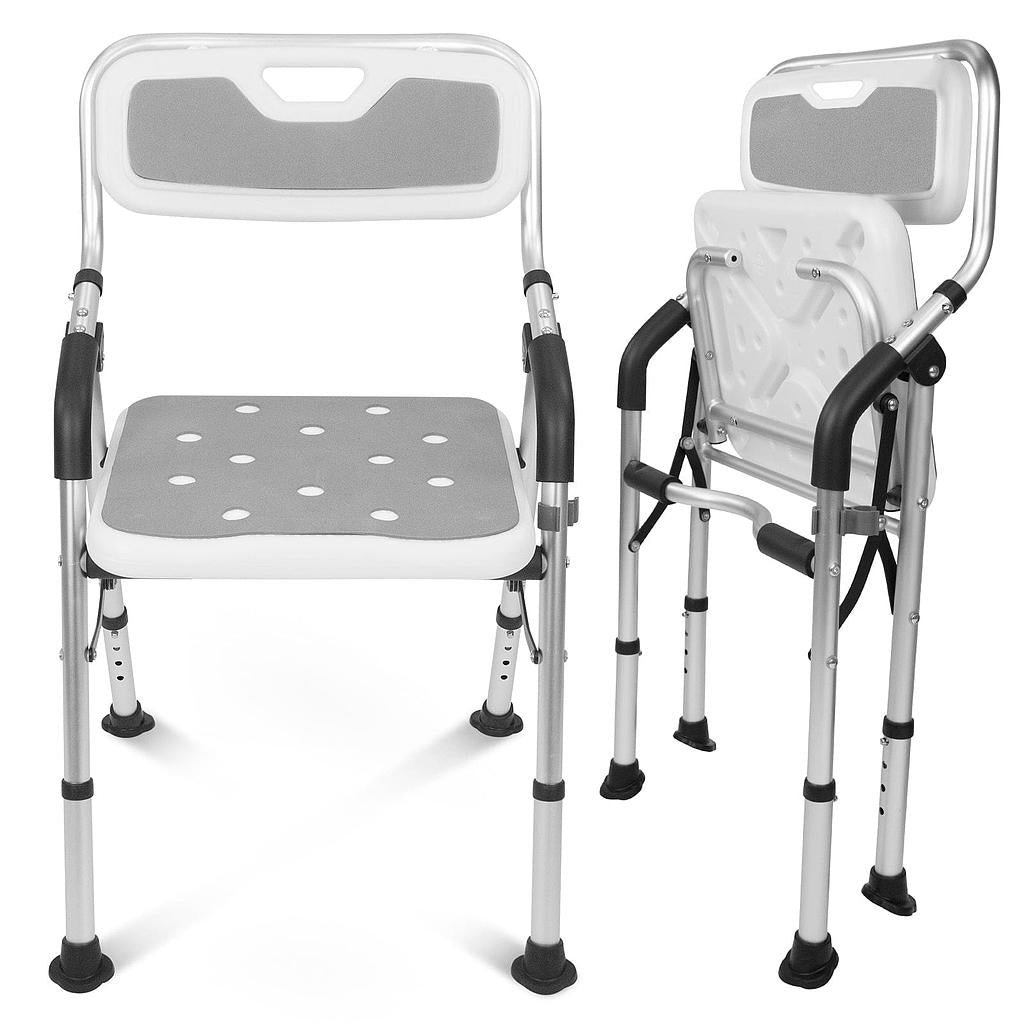 Two views of the Vive Health Folding Shower Chair: the front shows a strong aluminum frame with a padded seat and backrest featuring drainage holes, while the side view highlights its compact, foldable design for easy storage.