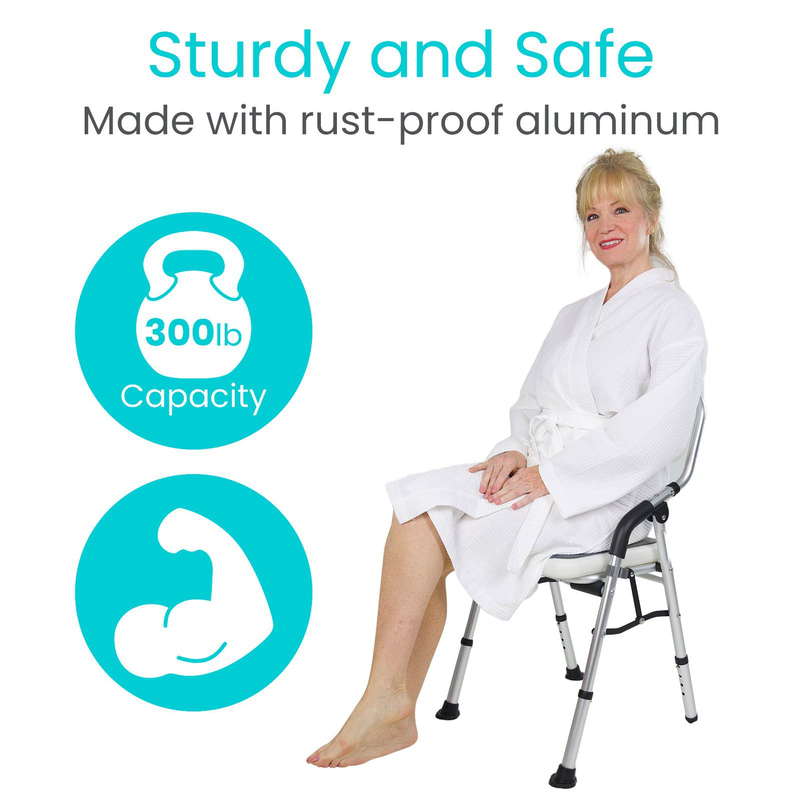 A person is seated on a Vive Health Folding Shower Chair with a sturdy, rust-proof aluminum frame that supports up to 300 lbs. The smiling person in a white robe highlights its durability, strength, and compact design ideal for showers.