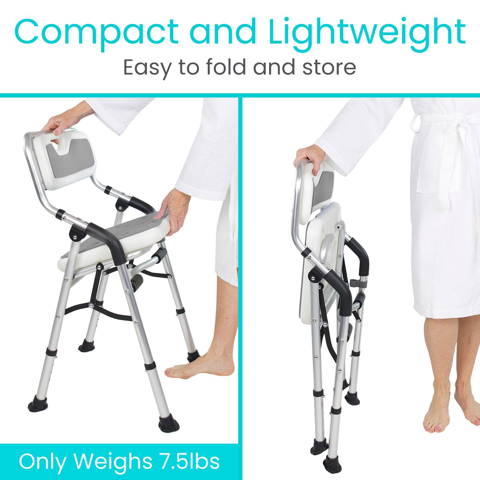 A person in a white robe folds the Vive Health Folding Shower Chair, showcasing its lightweight aluminum frame. The chair has a white backrest and seat, adjustable legs with black grips, and weighs 7.5 lbs for easy handling. It's shown unfolded on the left and folded on the right.