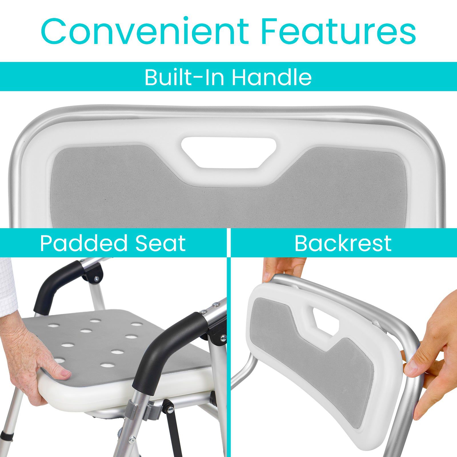 Image of Vive Health's gray and white Folding Shower Chair with a built-in handle, padded seat, and backrest. Close-ups show a person holding the chair’s compact, user-friendly design. Features a sturdy aluminum frame for durability.