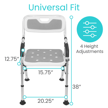 The Vive Health Folding Shower Chair has an aluminum frame with dimensions of a 15.75" seat width, 20.25" overall width, and a height of 38", featuring a back height of 12.75". It offers adjustable legs with four height settings for customized comfort and a universal fit.