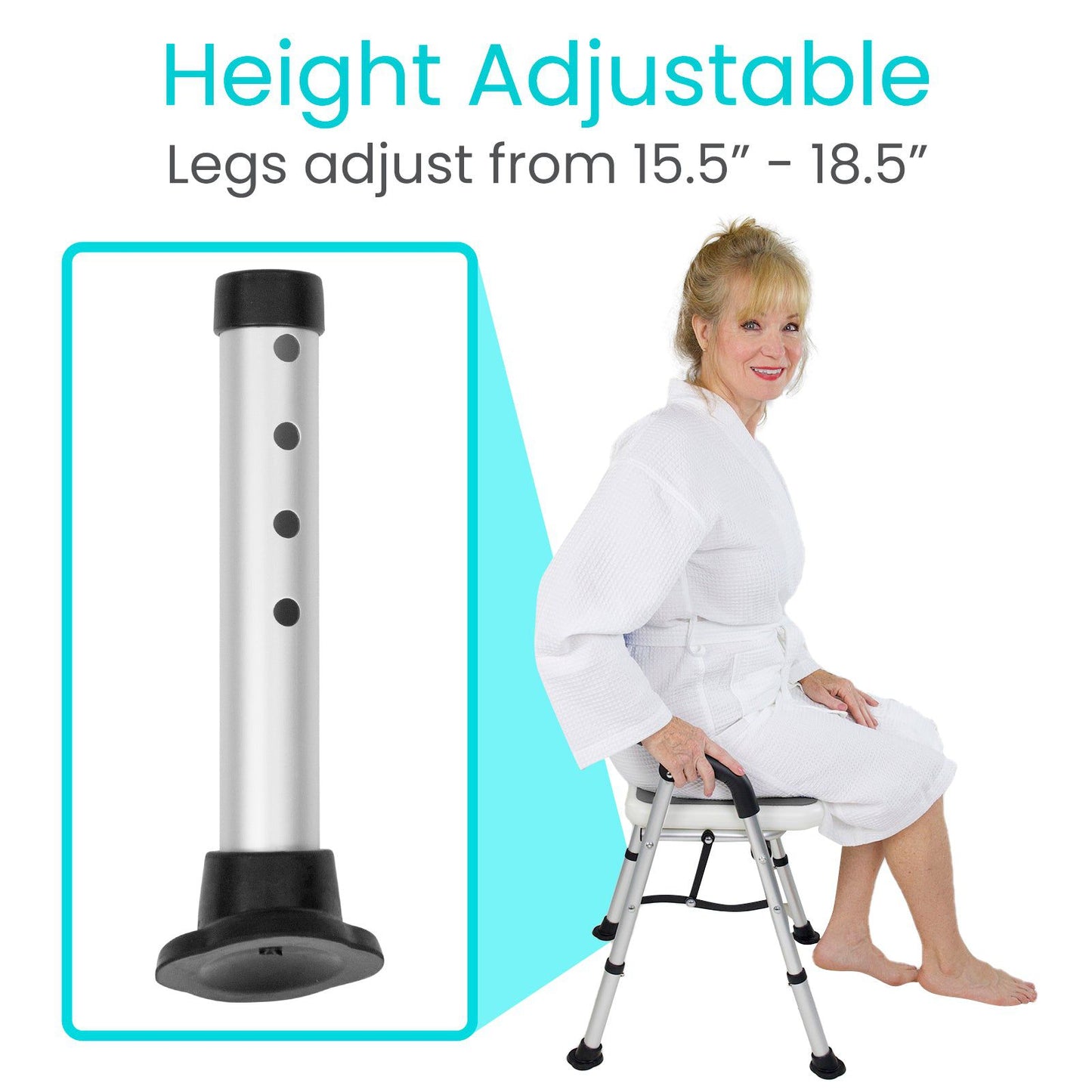 An elderly woman in a white robe sits on the height-adjustable Vive Health Folding Shower Chair. The aluminum frame adjusts from 15.5 to 18.5 inches, as highlighted in an enlarged detail of the leg, making it ideal for versatile use in any bathroom setting.