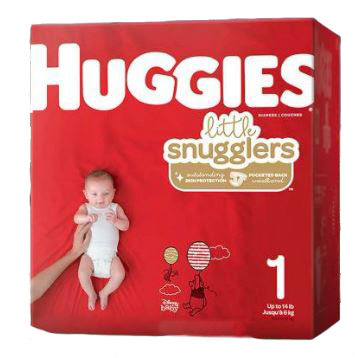 The red Huggies Little Snugglers Baby Diapers box, by McKesson, featuring size 1 for babies up to 14 lbs showcases a smiling baby on a red blanket. Adorned with playful animal graphics with balloons, these hypoallergenic diapers protect sensitive skin for your baby's comfort.