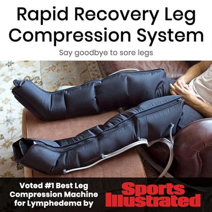 A person relaxes on a couch with black sleeves on their legs. The text reads, "Leg Compression Pump Full System Standard by Vive Health. Say goodbye to sore legs." Touted as the "#1 Best Leg Compression Machine for Lymphedema by Sports Illustrated," it uses compression therapy for optimal relief.