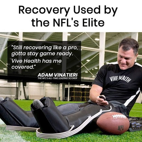 A man in a "Vive Health" shirt sits on a football field using the Leg Compression Pump Full System Standard. A quote reads, "Recover like a pro," with an NFL football beside him, captioned, "Recovery Used by the NFL's Elite.