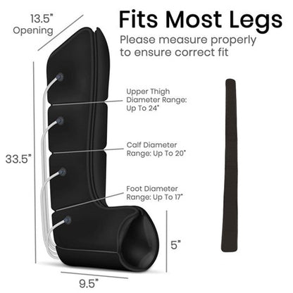 A product image shows the Vive Health Leg Compression Pump Full System Standard, designed for compression therapy. It measures 33.5 inches tall with a 9.5-inch base and a 13.5-inch opening, promoting lymphatic movement; accommodates thigh diameters up to 24 inches, calf up to 20 inches, and foot up to 17 inches.