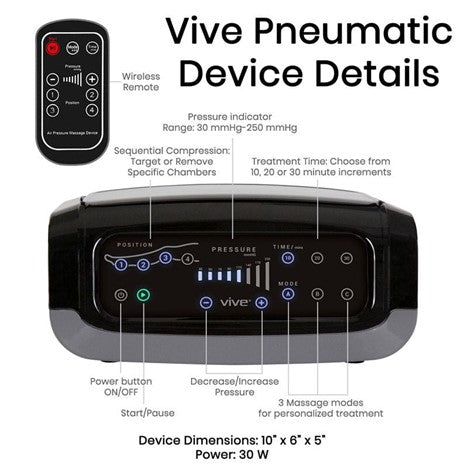 Diagram of the Vive Health Leg Compression Pump Full System Standard, showcasing wireless remote, 30-250 mmHg pressure indicator, and timer. Perfect for leg therapy with adjustable positions and three massage modes. Dimensions: 10"x6"x5", Power: 30W.