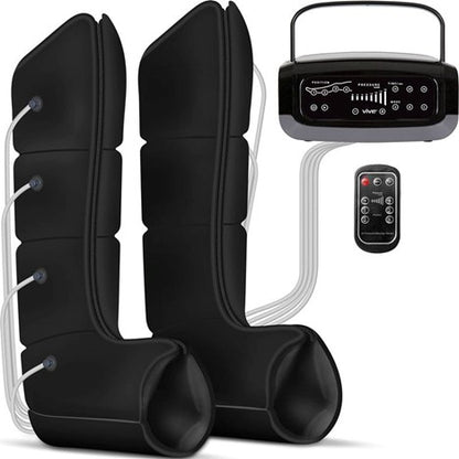 The Vive Health Leg Compression Pump Full System Standard is shown with black compression leg sleeves featuring attached tubes, a control unit with a display for pressure and function adjustment, and a handheld remote, combining lymphatic movement with innovative compression therapy.