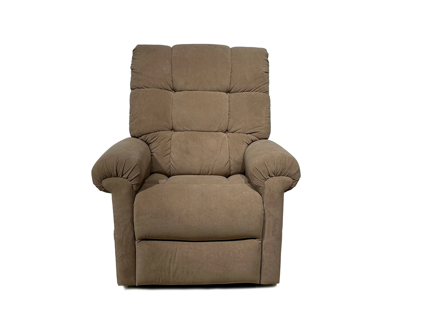 A plush, Microlux Dark Moss Perfect Sleep Chair by Journey Health & Lifestyle set against a white background, featuring its padded armrests and backrest for enhanced comfort. Equipped with dual motors, it offers supportive positioning to ensure you're always in the perfect spot for relaxation.