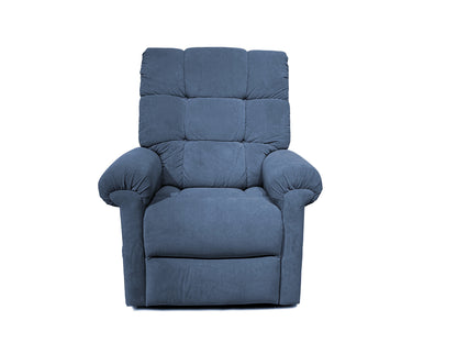 The Perfect Sleep Chair from Journey Health & Lifestyle, featured in Microlux Blue, is a plush recliner with dual motors for optimal supportive positioning, complemented by padded armrests and a cushioned backrest, all set against a plain white background.