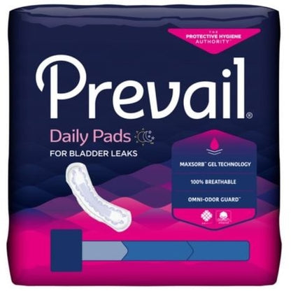 Bladder Control Pad Prevail® Daily Pads 11 Inch by McKesson offers ultimate protection with MaxSorb Gel and Odor-Guard. In a sleek dark blue and pink package, they are 100% breathable for comfort while managing leaks effectively.