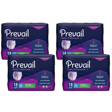 Displayed are four packages of McKesson's Prevail® Daily Women's Underwear, offering maximum absorbency and Comfort Shape Plus design. Each size "LG" package, in a purple with white details, includes 18 pieces for reliable comfort and protection.