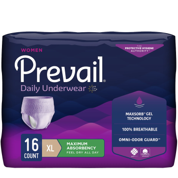 McKesson's Prevail® Adult Absorbent Underwear for Women, size XL, offers a comfortable fit with Comfort Shape Plus. It features Maxsorb Gel Technology for maximum absorbency and Omni-Odor Guard for 100% breathability. The purple package contains 16 count.