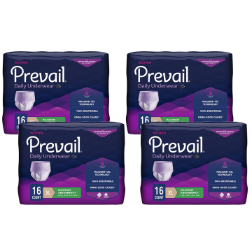 Four packs of McKesson's Prevail® Adult Absorbent Underwear For Women are shown, each containing 16 extra-large, fully breathable underwear. Featuring Comfort Shape Plus design and odor control for bladder leakage protection, the purple and navy packaging has green accents.