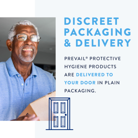 A smiling elderly man with glasses holds a cardboard box. Text: "Discreet Packaging & Delivery. McKesson's Prevail® Per-Fit® male adult absorbent underwear arrives at your door in plain packaging." An illustration of a door is included at the bottom.