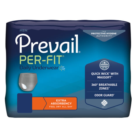 The McKesson Prevail® Per-Fit® Male Adult Absorbent Underwear in blue and orange features "Quick Wick with MaxSoft," "360° breathable zones," and "Odor Guard." It's labeled "Extra Absorbency" to keep you dry all day.