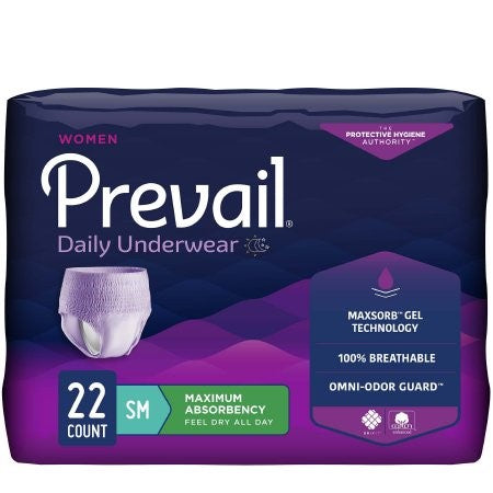 The McKesson Prevail® Adult Absorbent Underwear for Women, size small, offers maximum absorbency with Maxsorb Gel Technology. Comfort Shape Plus ensures a snug fit; it's 100% breathable and features Omni-Odor Guard. Includes 22 per pack in a primarily purple design.