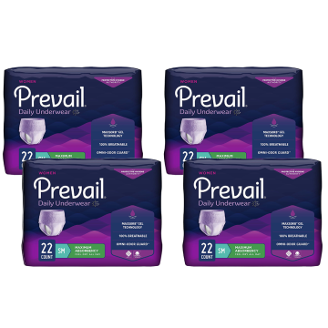 Four packs of Prevail® Adult Absorbent Underwear For Women by McKesson are shown. Each pack contains 22 small/medium briefs with maximum absorbency, Comfort Shape Plus, 100% breathability, and Omni-Odor Guard. The packaging has a purple design with white and green accents.