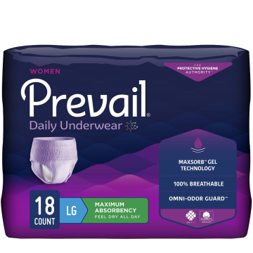 The Prevail® Adult Absorbent Underwear by McKesson for women features a stylish purple design. The package includes 18 large pieces with MaxSorb Gel Technology, Comfort Shape Plus, 100% breathable material, and Omni-Odor Guard, labeled "Maximum Absorbency" for all-day comfort.