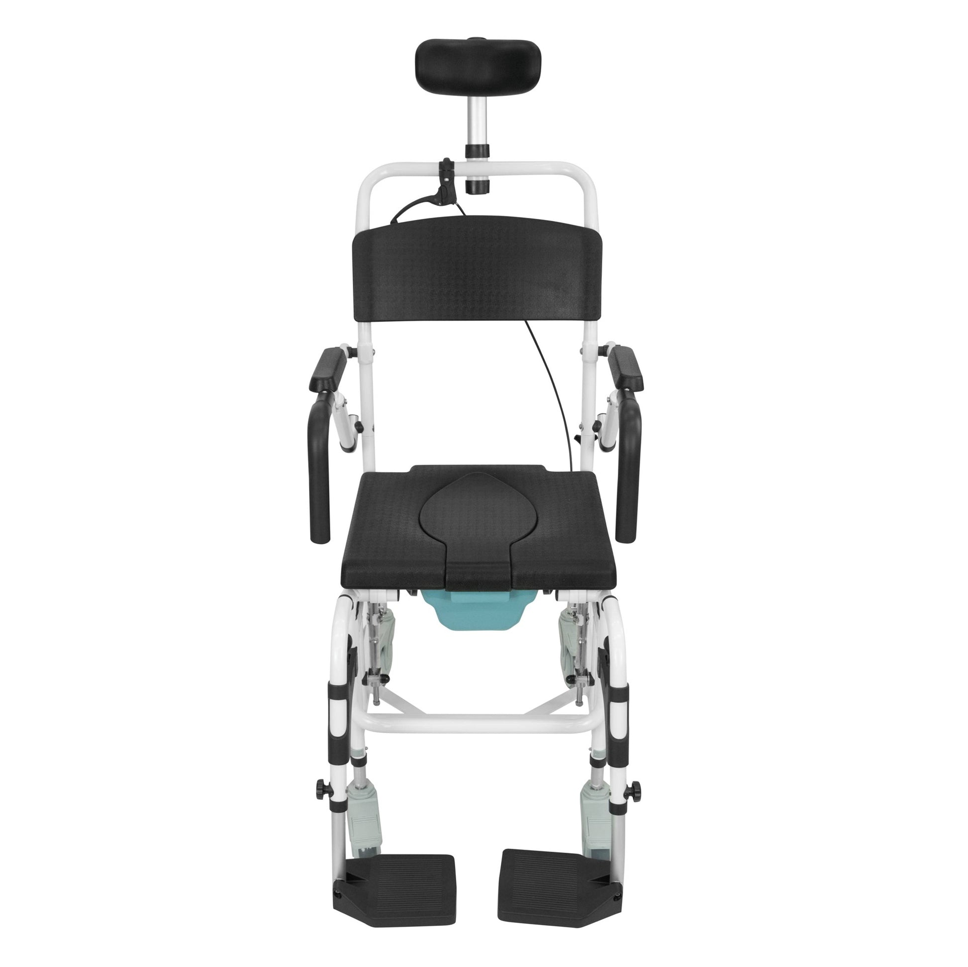 The Vive Health Reclining Shower Commode Transport Chair is a black and white chair with an adjustable headrest, armrests, and footrests. It features a built-in commode bucket and seat opening for easy sanitation, making it perfect for individuals who need assistance with bathing.