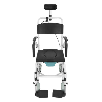 The Vive Health Reclining Shower Commode Transport Chair is a black and white chair with an adjustable headrest, armrests, and footrests. It features a built-in commode bucket and seat opening for easy sanitation, making it perfect for individuals who need assistance with bathing.