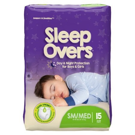 A purple package of McKesson's "Cuties® Unisex Youth Absorbent Underwear" showcases a sleeping child in blue pajamas. It features text like "Day & Night Protection," "S/M 38-65 lbs 17-29 kg," and "15 Youth Pants." Moon and star images suggest nighttime incontinence care.